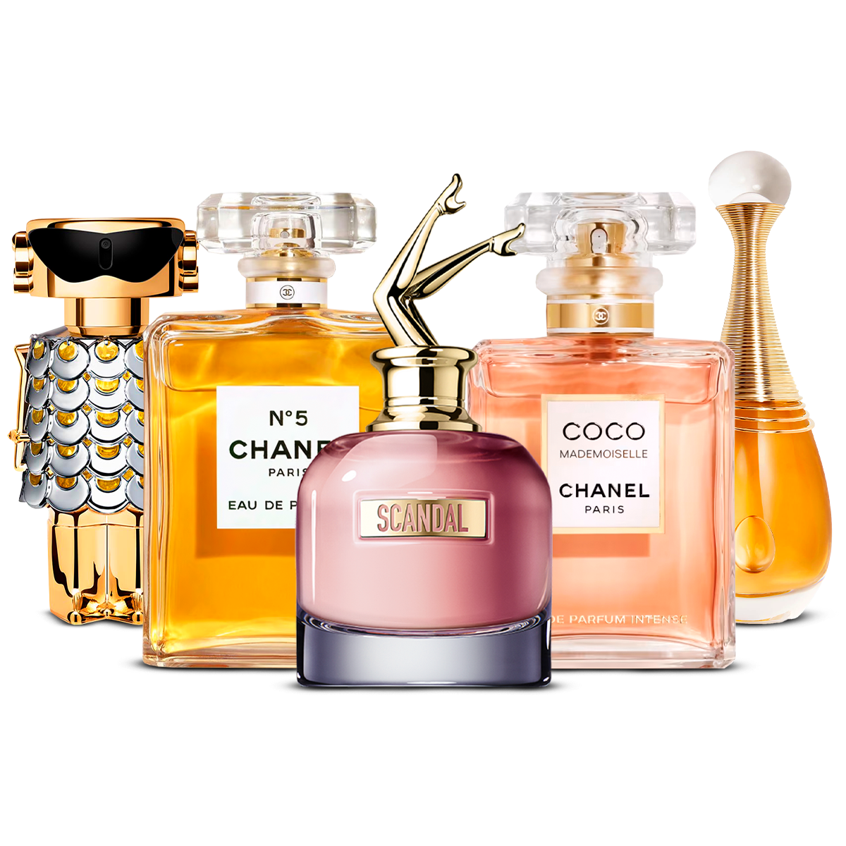 Combination of 5 women's perfumes – Fame, Chanel Nº5, Scandal, Coco Mademoiselle and J'adore [100 ml]