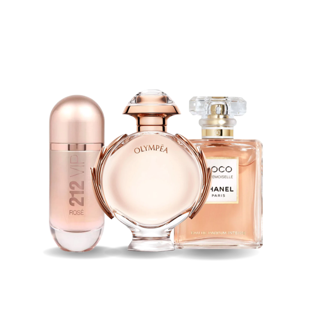 Combination of 3 fragrances - 212 VIP Rosé from Carolina Herrera, Olympéa from Paco Rabanne and Coco Mademoiselle from Chanel [100 ml]