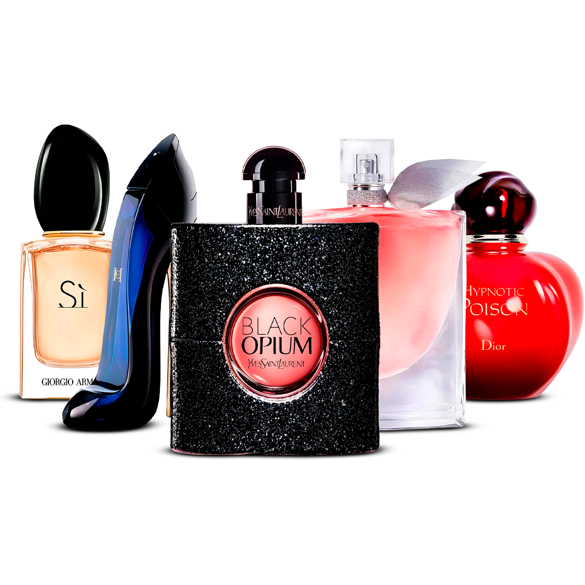 Combination of 5 women's perfumes – Sì, Good Girl, Black Opium, La Vie Est Belle and Hypnotic Poison [100 ml]