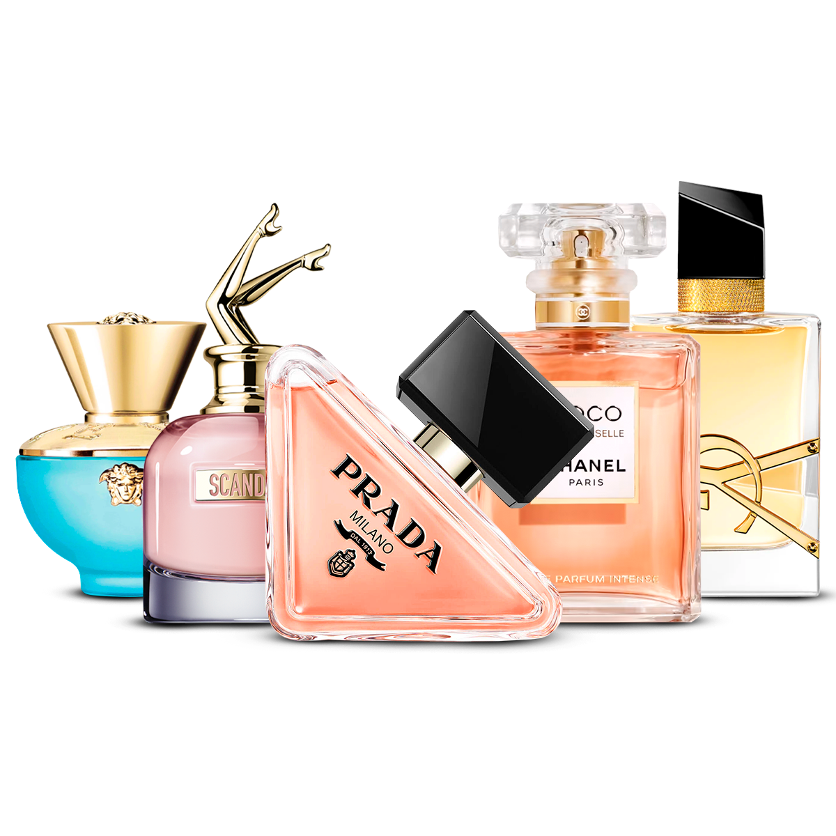 Combination of 5 women's perfumes – Versace Dylan Turquoise, Scandal, Prada Paradoxe, Coco Mademoiselle and Yves Saint Laurent Libre [100 ml]