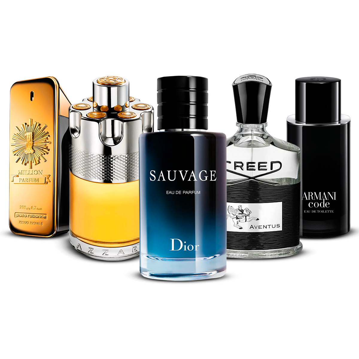 Combination of 5 men's perfumes – 1 Million, Azzaro Wanted, Sauvage, Creed Aventus and Armani Code [100 ml]