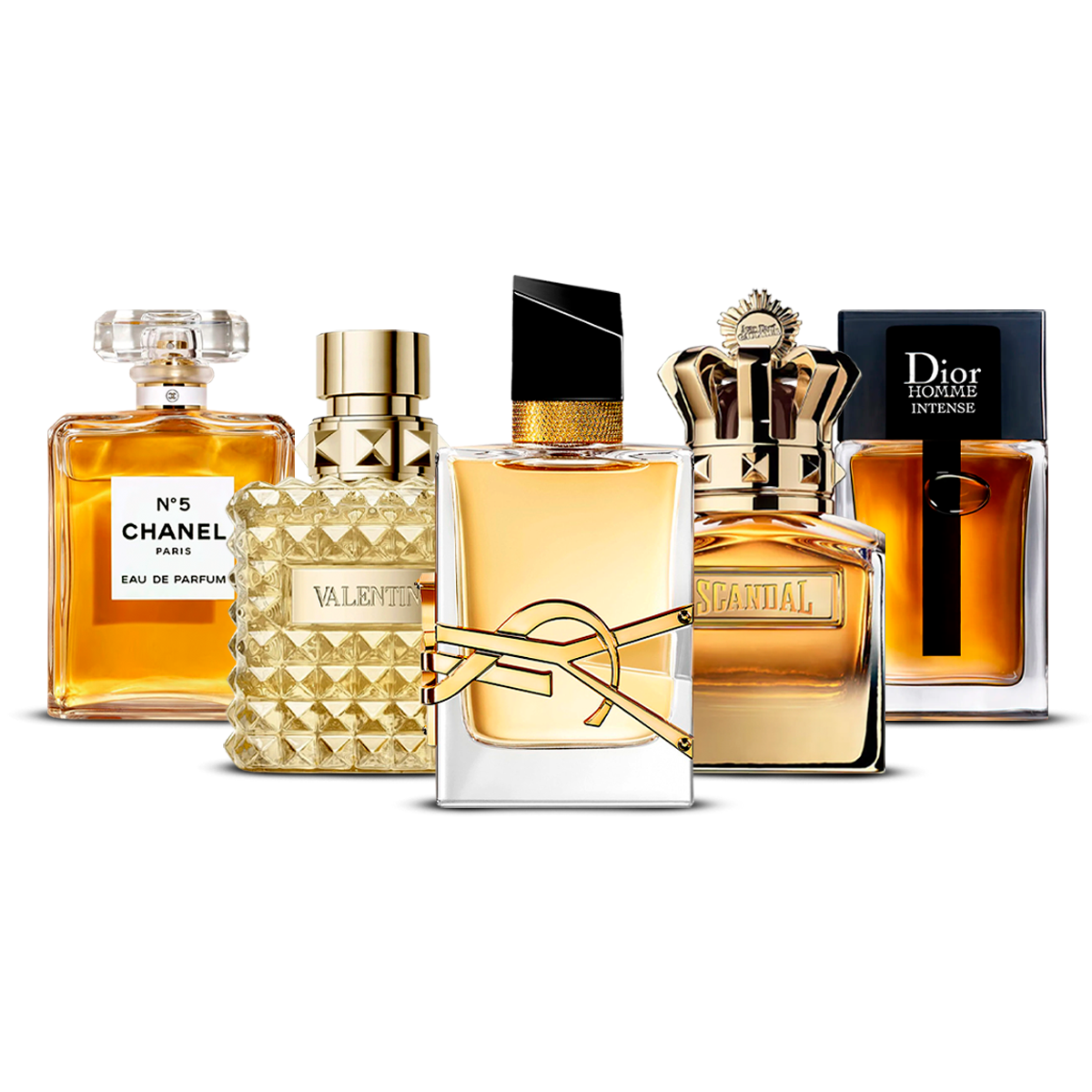 Combination of 5 perfumes – Chanel Nº5, Valentino Uomo, Yves Saint Laurent Libre, Scandal Pour Homme and Dior Homme Intense [100 ml]