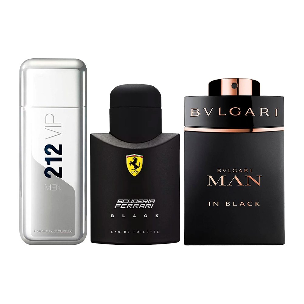 Combination of 3 men's perfumes - 212 VIP, Ferrari Black and Bvlgari In Black [100 ml]